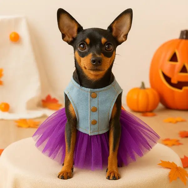Small black and tan dog wearing the halloween dress for dogs in a lighter denim shade with a purple tulle skirt