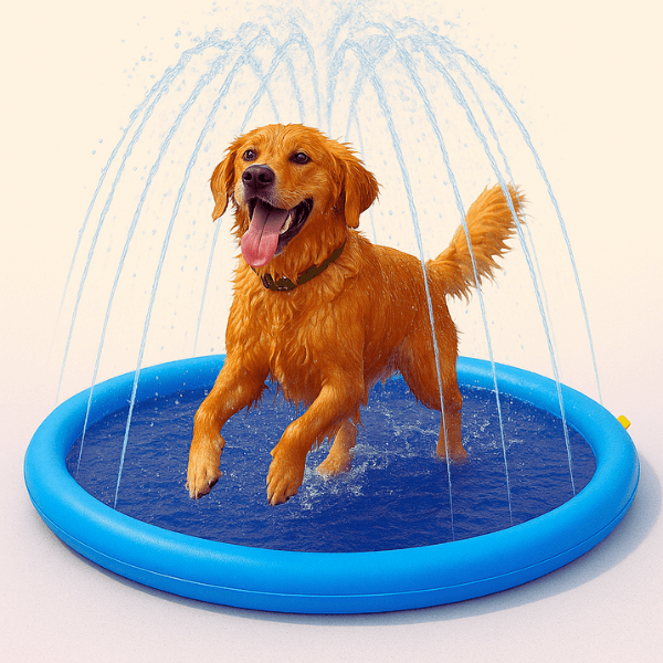 Wet dog enjoying hot weather relief on a splash mat.