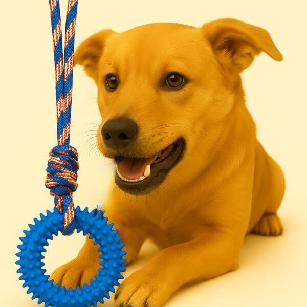 Happy dog excited with Ringy, the best buy durable dog toy at Pet Store ED.