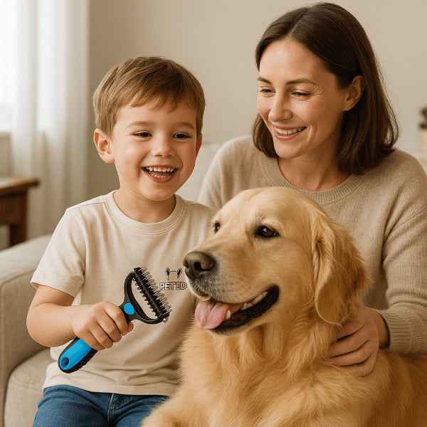 Safe family grooming time using the undercoat rake for dogs