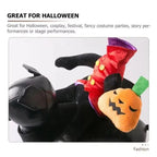 Close-up of the plush pumpkin fixed to the hand of the headless horseman rider on the costume