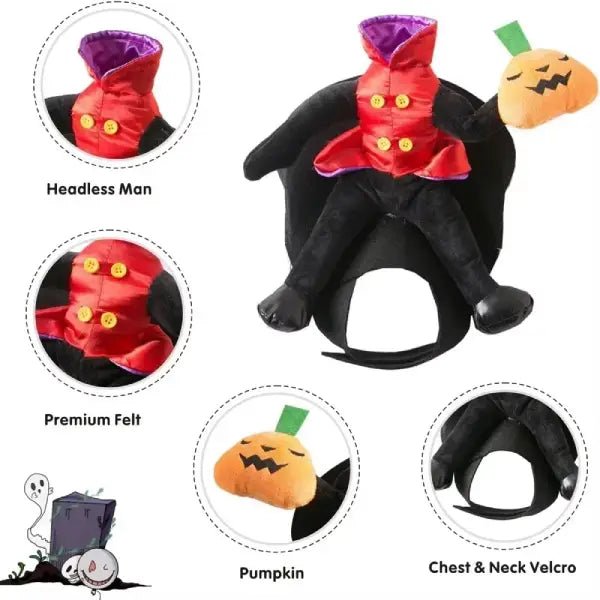 Detail views of the headless horseman dog costume showing the rider, the pumpkin and the chest and neck Velcro straps