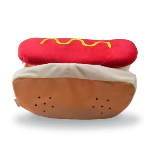 Hot dog costume for dogs shown from behind on a plain white background