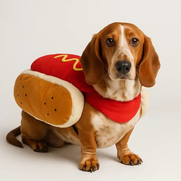 Dog wearing a hot dog costume for dogs, photographed against a plain background