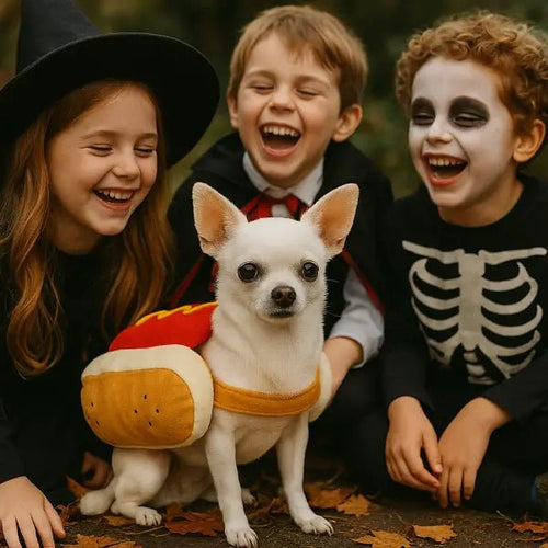 Chihuahua wearing a hot dog costume for dogs surrounded by three laughing children in Halloween costumes