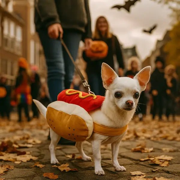 Chihuahua wearing a hot dog costume for dogs on a leash during a Halloween street scene