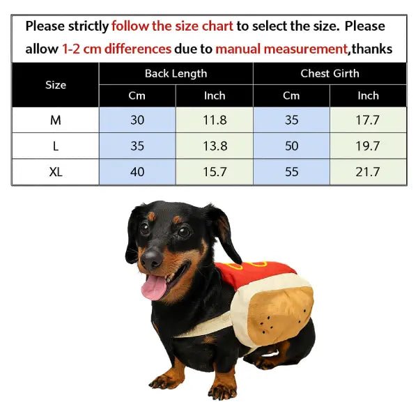 Size chart for the hot dog costume for dogs showing back length and chest girth for sizes M, L and XL