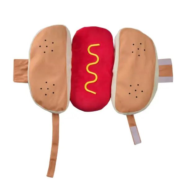 Hot dog costume for dogs shown from above with the velcro straps visible on each side