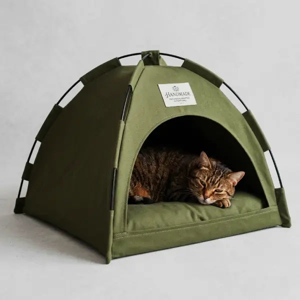 Cozy cat hideout in olive green with sleeping cat — breathable fabric and warm interior design