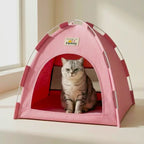 Indoor pink cat cave tent next to window — soft breathable hideout for calm and relaxed cats