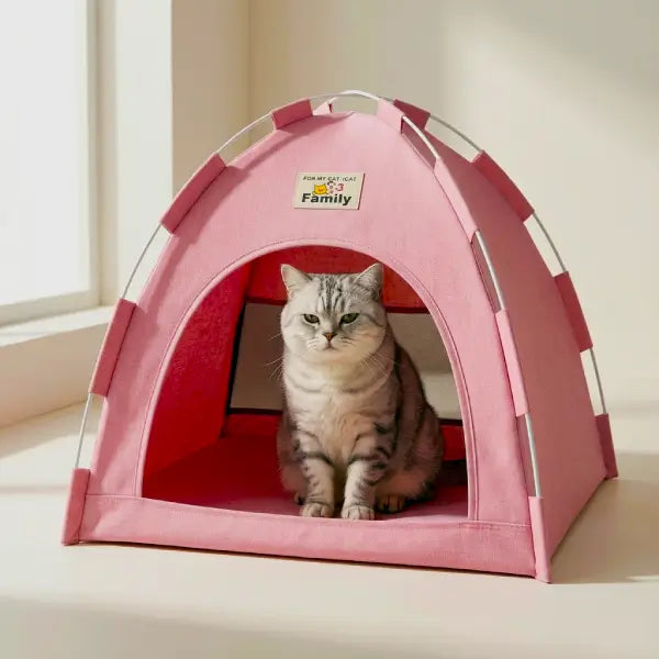 Indoor pink cat cave tent next to window — soft breathable hideout for calm and relaxed cats