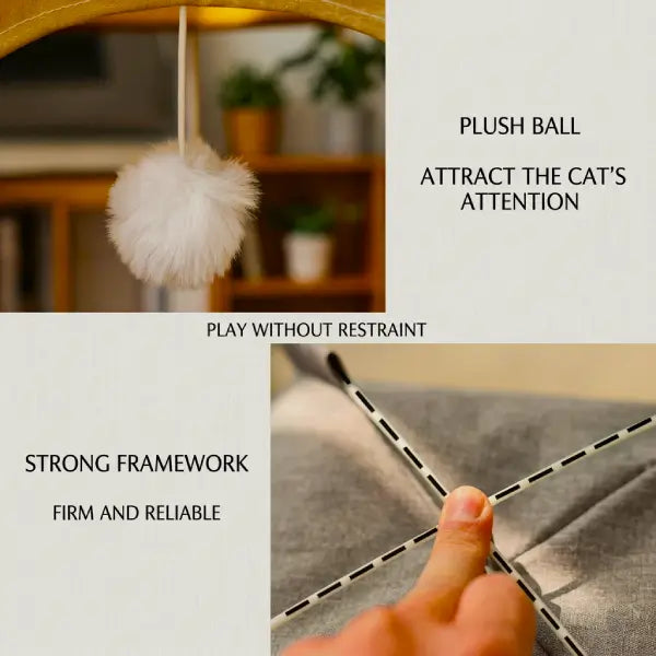 Cozy cat hideout featuring durable framework and interactive plush ball for playful indoor cats