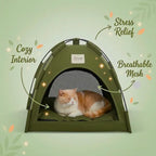 Indoor cat cave tent with sleeping cat — breathable foldable cat bed promoting stress relief and calm