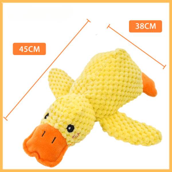 Large yellow calming duck toy with orange beak, 45cm by 38cm dimensions shown