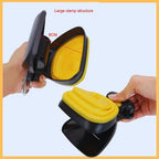 Hand holding large clamp poop scooper, 8cm wide, yellow and black design with measurement