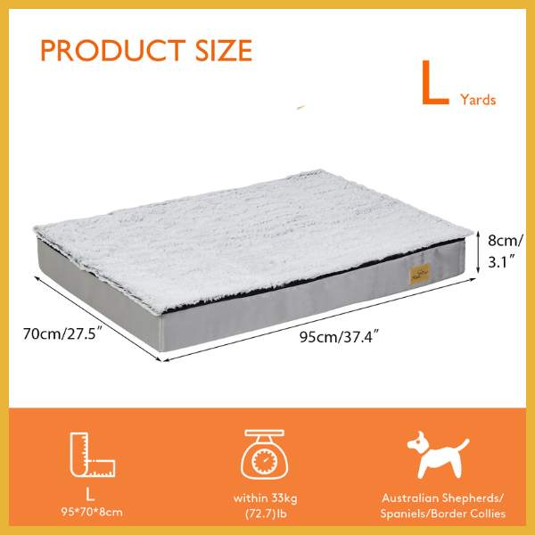 Large rectangular dog bed for Australian Shepherd, gray and white, 95x70x8cm size chart