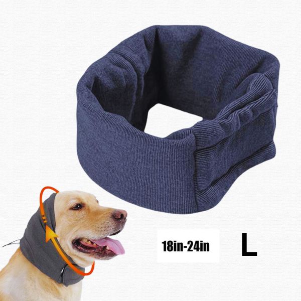 Large dog ear cover in dark fabric, size L for 18-24in, shown on a yellow dog
