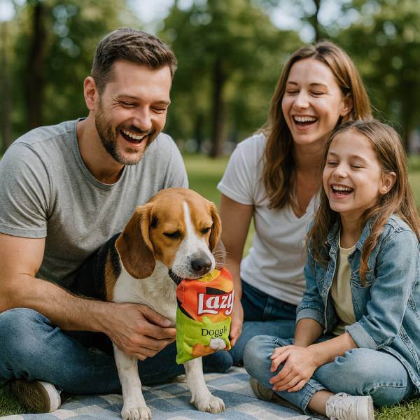 Beagle enjoying Lazy Doggie dog dental toy with family bonding moments