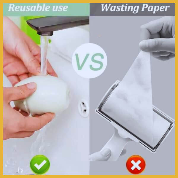 Reusable lint roller being washed vs disposable paper lint roller comparison image