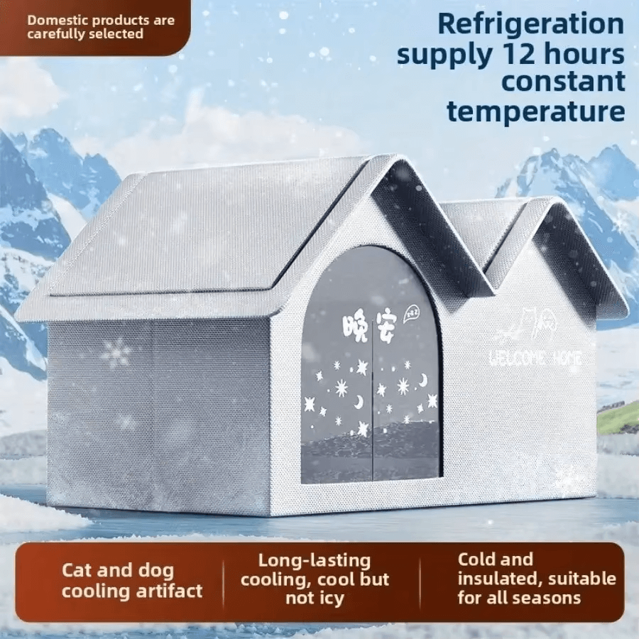 Snow-covered ClimaNest™ cooling house with temperature claim and benefits.