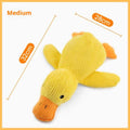 Medium calming yellow duck toy with orange beak and feet, 32cm by 28cm dimensions.