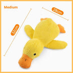 Medium calming yellow duck toy with orange beak and feet, 32cm by 28cm dimensions.