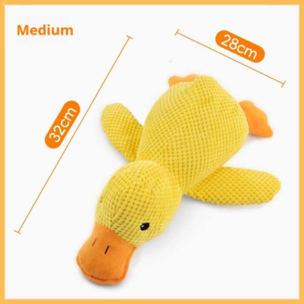 Medium calming yellow duck toy with orange beak and feet, 32cm by 28cm dimensions.