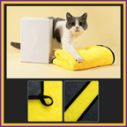Cat with yellow microfiber pet towel and white box on yellow background