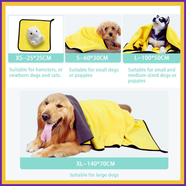 Yellow microfiber pet towel in four sizes shown on hamster, small dog, husky, and large dog.