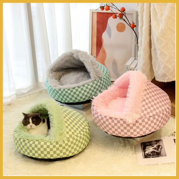 Cozy multi-color checkered cat beds with plush lining, one occupied by a cat, in a bright room