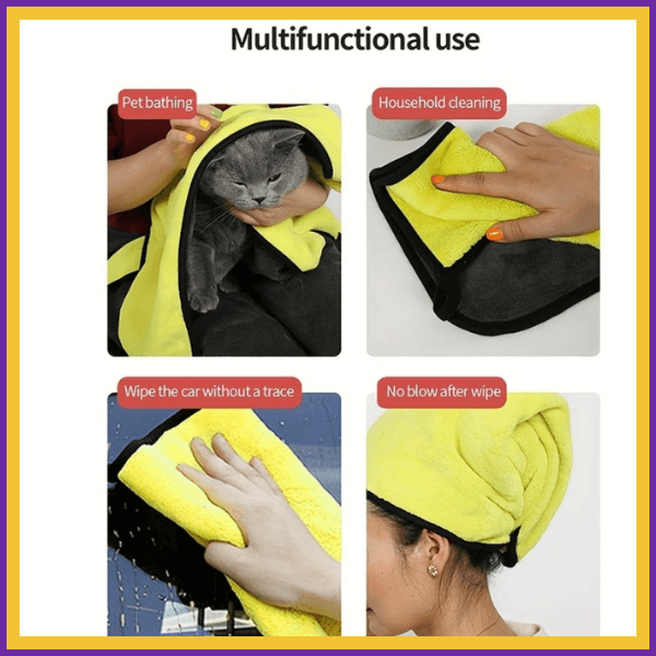 Multifunctional yellow pet towel used for pet bathing, cleaning, car drying, and hair wrap
