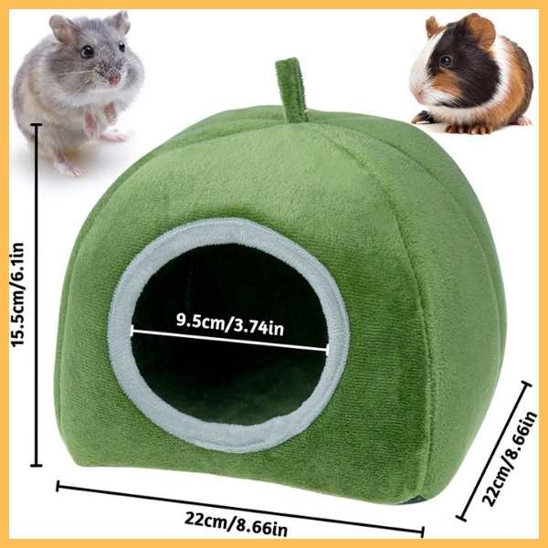 Green non-slip hamster bed with entry hole, size dimensions, hamster and guinea pig nearby