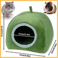 Green non-slip hamster bed with entry hole, size dimensions, hamster and guinea pig nearby
