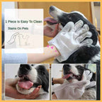 Person using white pet wash gloves to clean a happy black and white dog