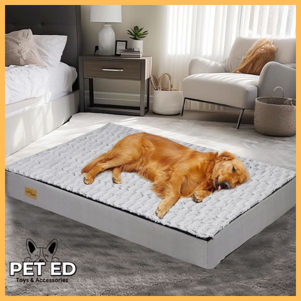 Golden retriever sleeping on orthopedic dog cushion bed in modern bedroom