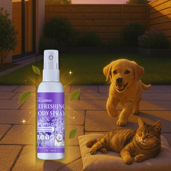 Happy puppy playing while cat relaxes on cushion outdoors next to glowing Pet Store ED calming spray