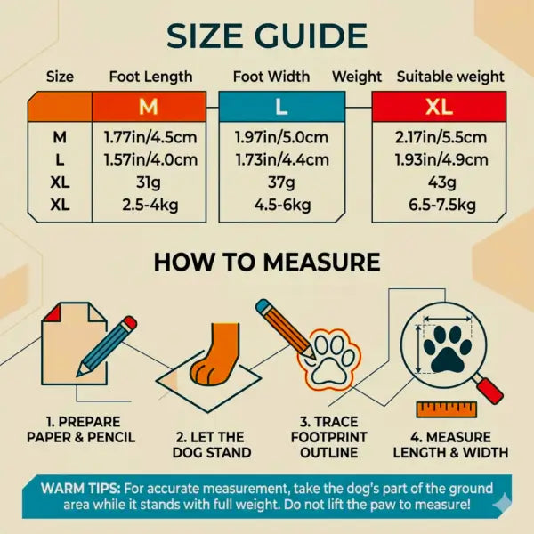 PawAir breathable dog boots size guide — foot length, width and weight chart M to XL