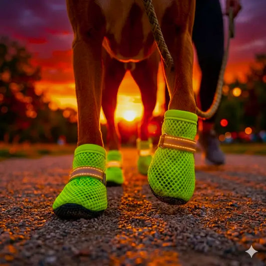 PawAir Boots lifestyle — breathable dog shoes with reflective strap during evening walk
