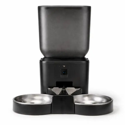 Pet camera feeder front view dual bowl smart portion control system
