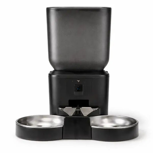 Pet camera feeder front view dual bowl smart portion control system