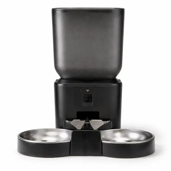 Smart auto feeder dog with programmable feeding schedule front view showing dual bowl dispenser and wide-angle camera on white background