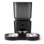 Smart auto feeder dog with programmable feeding schedule front view showing dual bowl dispenser and wide-angle camera on white background