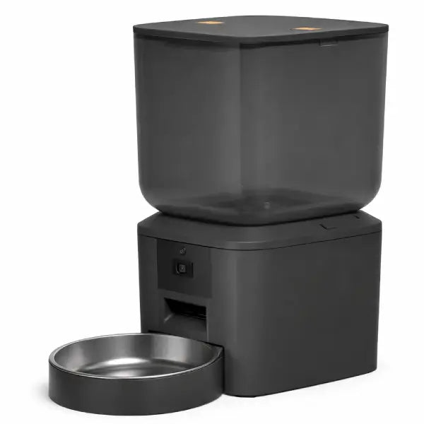App controlled pet camera feeder side angle showing 8L semi-transparent food storage night vision camera and precision portion dispenser