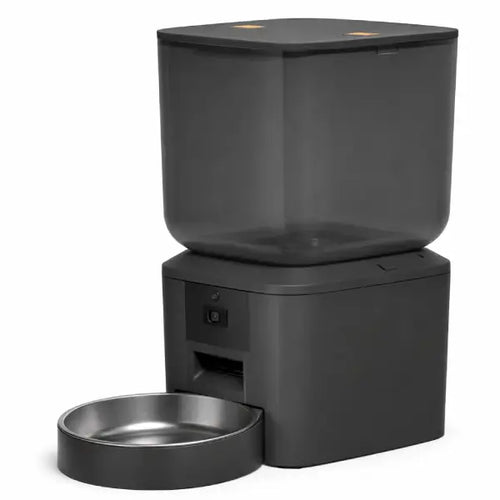 App controlled pet camera feeder side angle showing 8L semi-transparent food storage night vision camera and precision portion dispenser