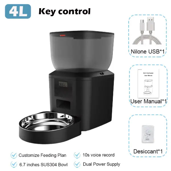 Automatic dog feeder 4L with 10s voice record customisable feeding plan and USB cable