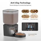Automatic pet feeder dispensing dry food air-dried and freeze-dried kibble without blockages