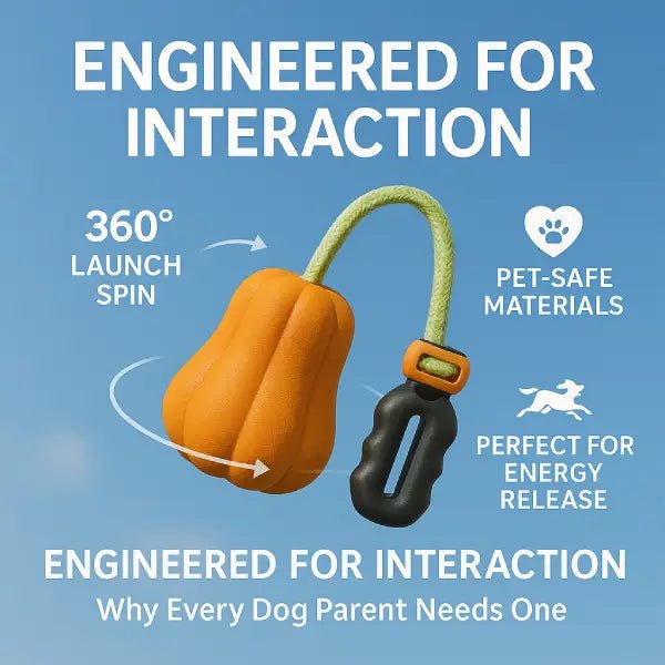 Pet-safe dog toy with 360 degree launch spin and pumpkin chew end