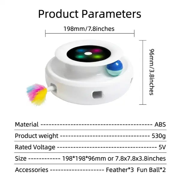 Size and accessories of motion activated cat toy feather and fun ball