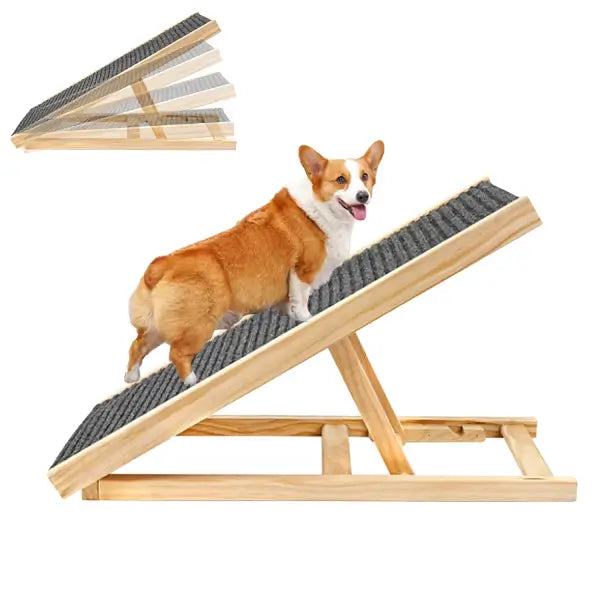 dog stairs for bed — adjustable height wooden ramp folded and unfolded view