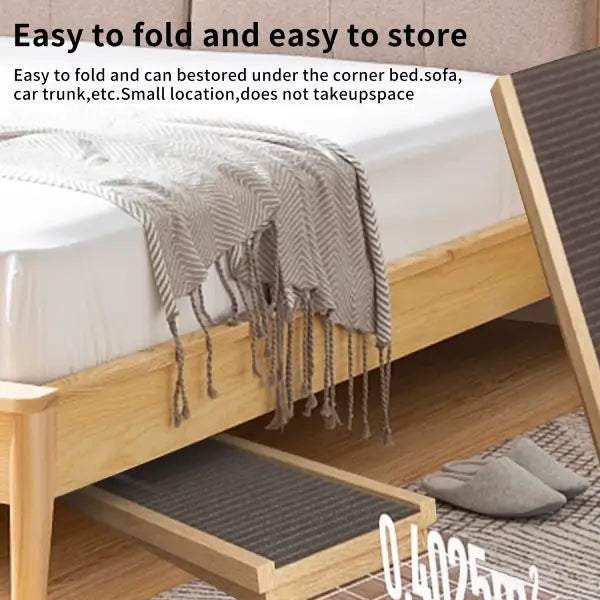  dog stairs folded flat under corner bed — easy to store after use